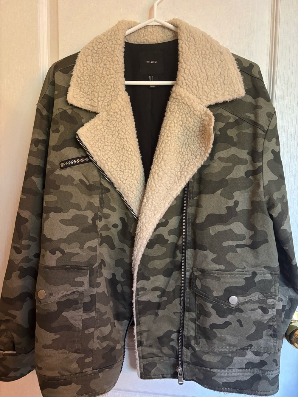 Forever 21 Green Camo Utility Jacket with Cream Sherpa Collar